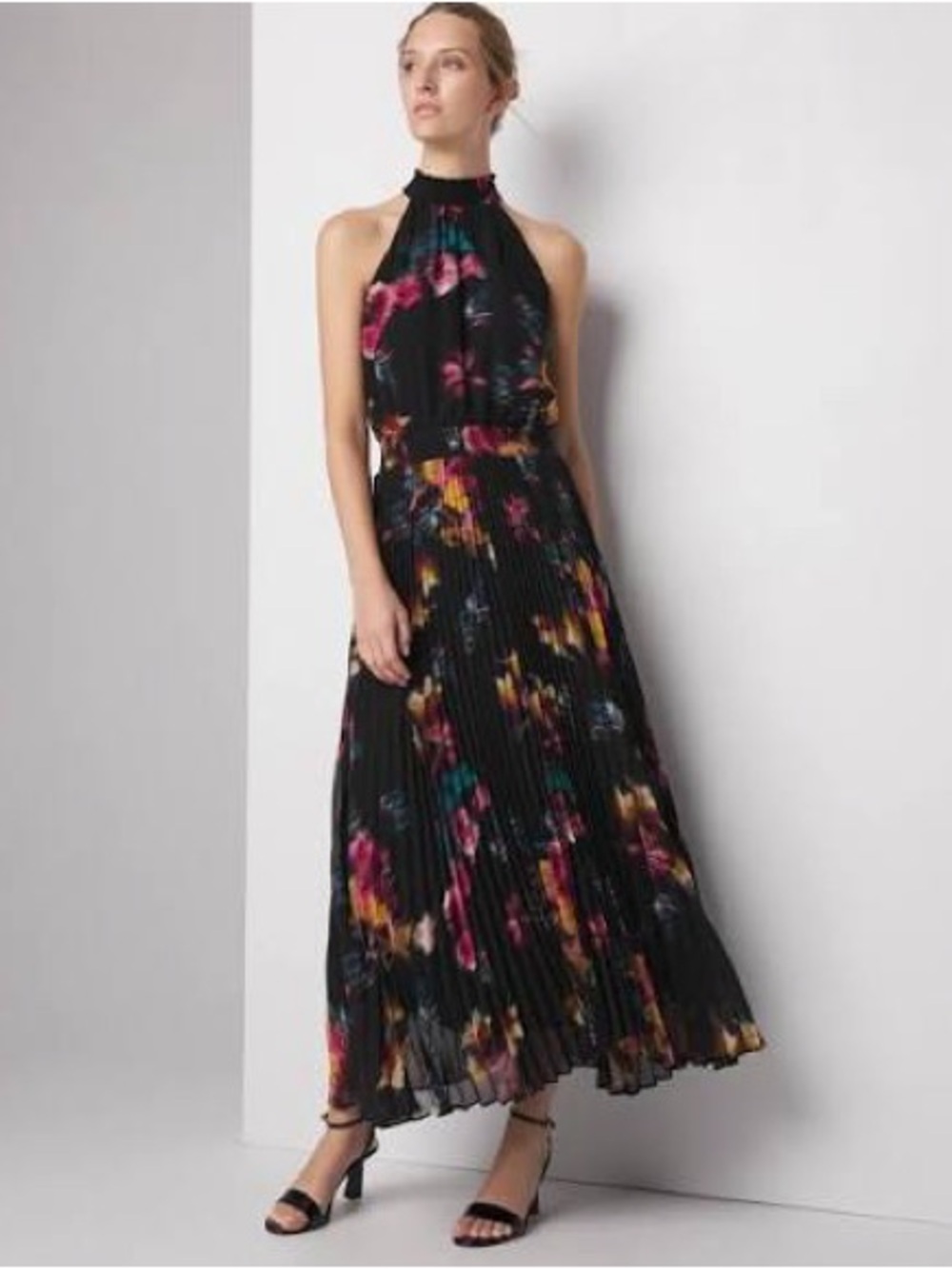 White House Black Market Black Floral Halter Midi Dress